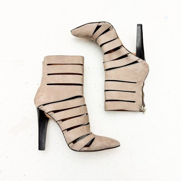 Rebecca Minkoff Derea Suede Sand Colored Heeled Booties Size 6 - Picture 4 of 6